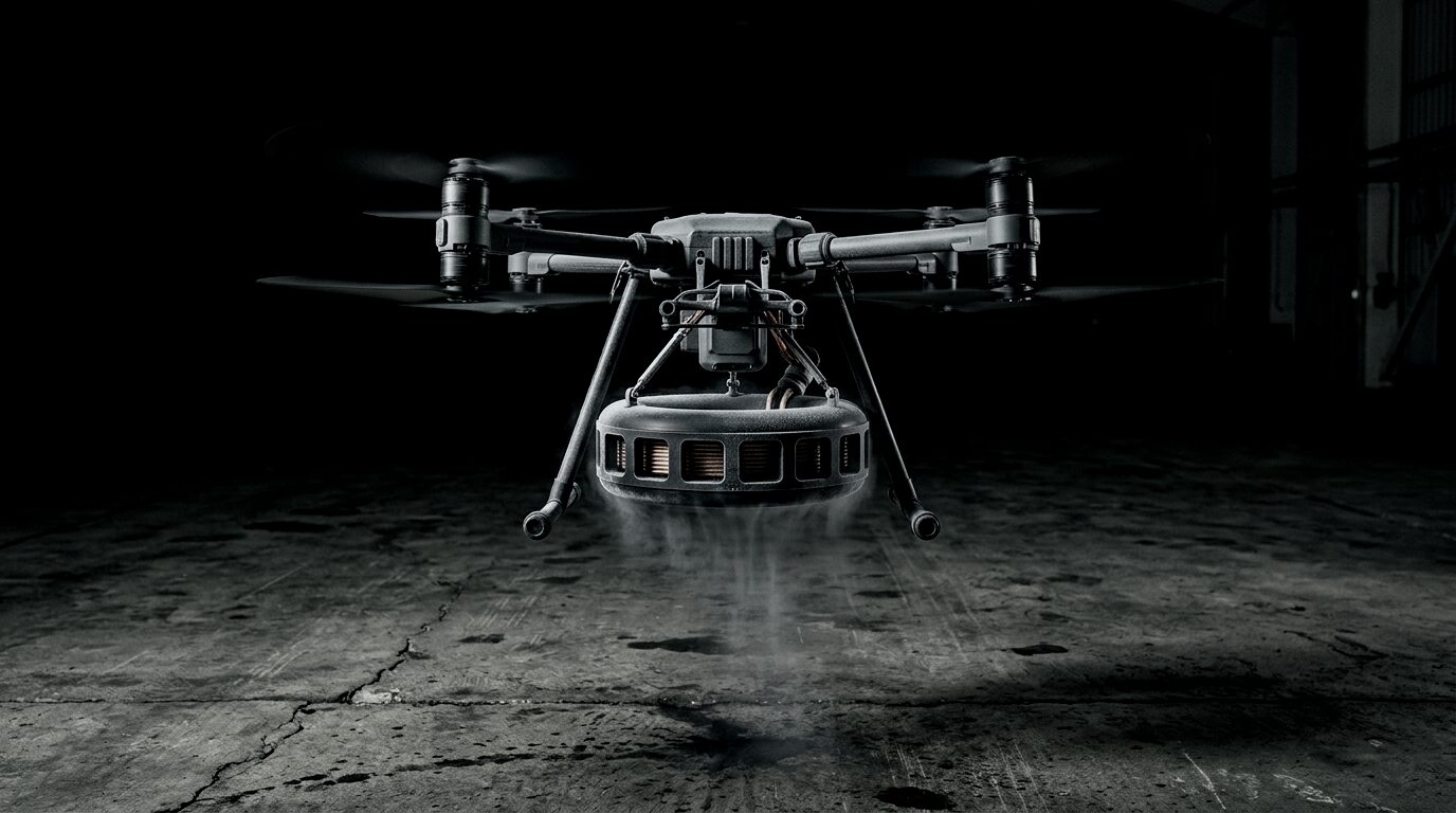 Unmanned aircraft holding station at dusk over open terrain