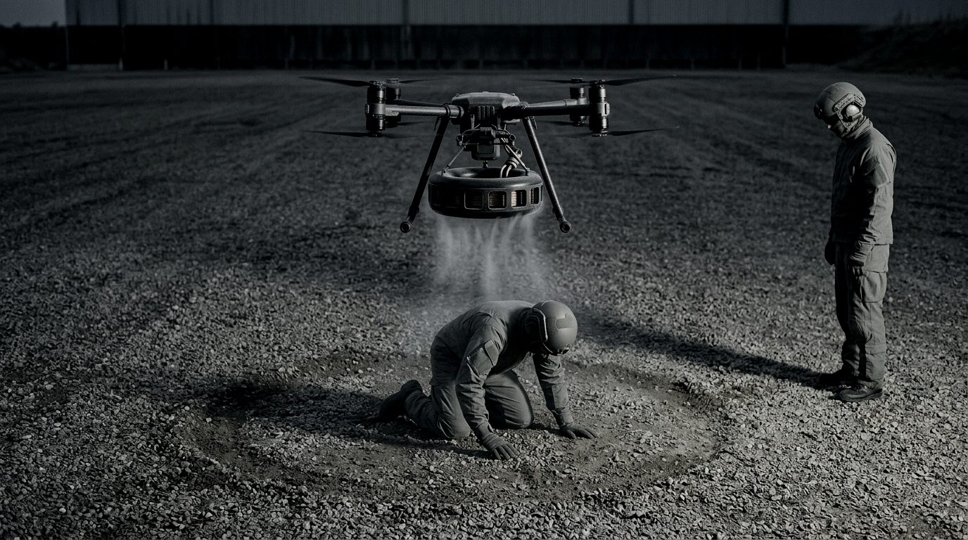 Effects demonstration: an aircraft on station above a soldier down on hands and knees, with a second soldier standing upright and unaffected just outside the footprint