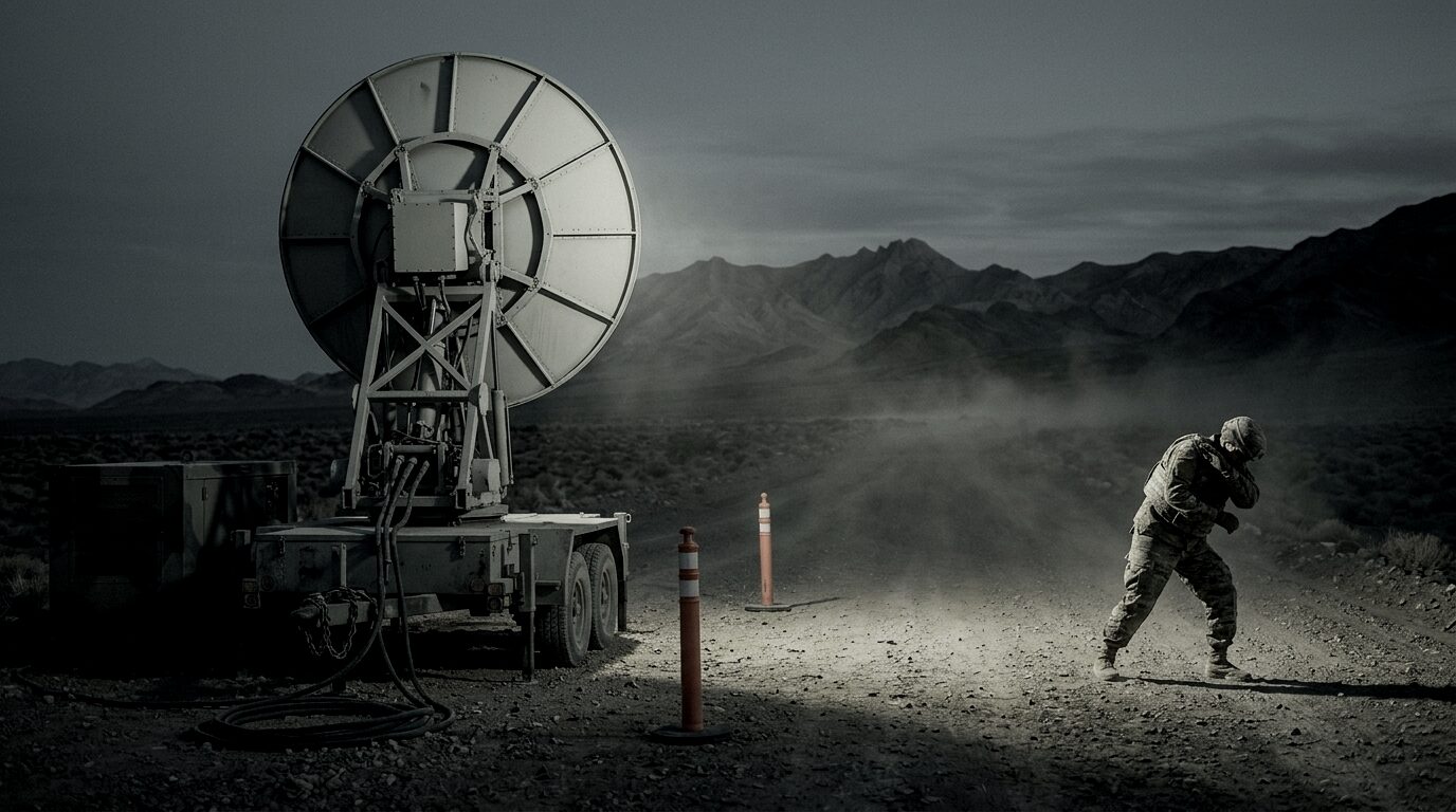 Effects demonstration at first light: the dish emitter elevated on its trailer, and downrange a soldier twisting away from the beam with a forearm raised across his face