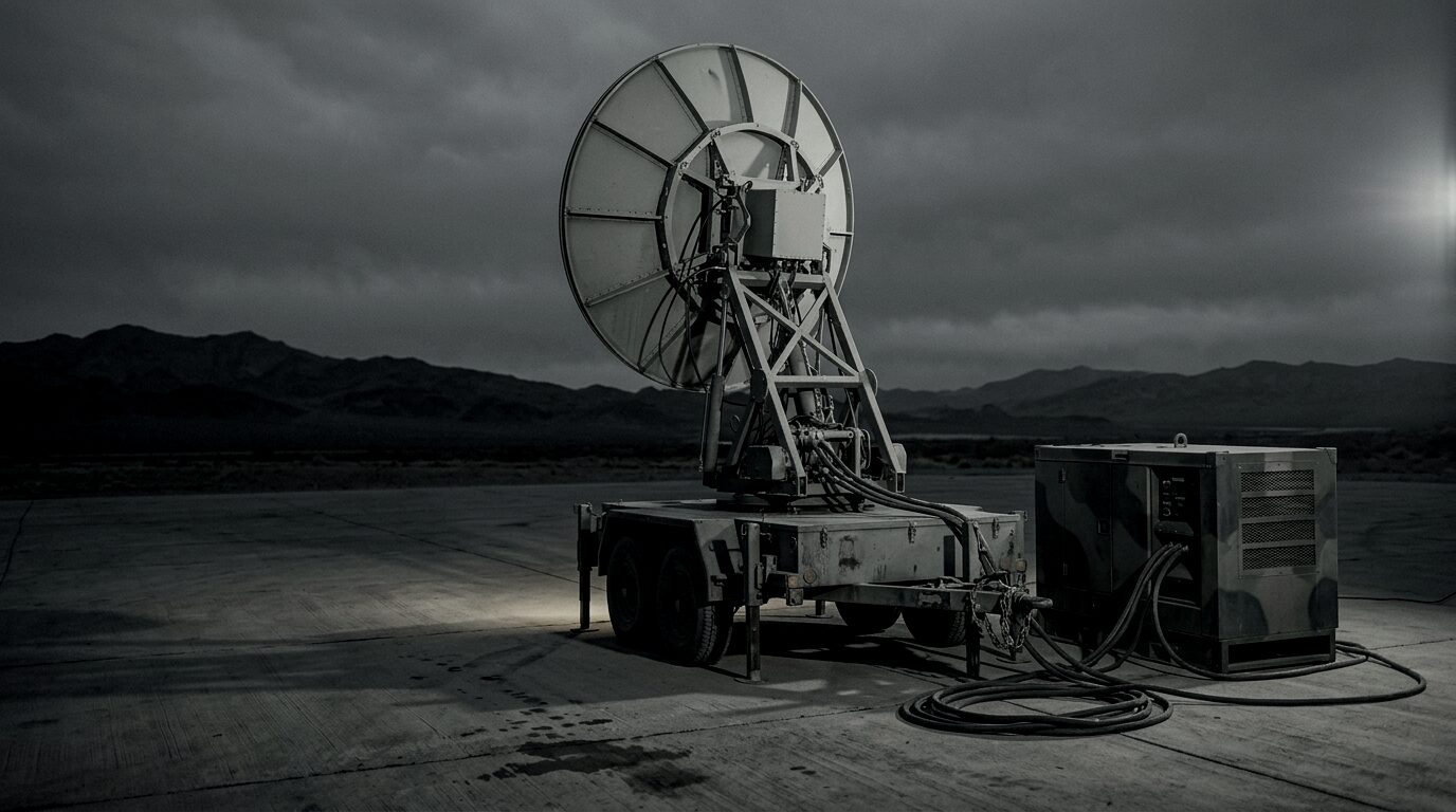 The dish emitter on its trailer at night on a concrete hardstand, dish elevated toward the horizon with a generator set behind it